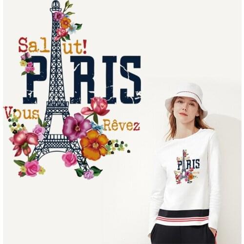 Colorful Paris Tower Patches Heat Transfers For Clothing For Women Iron on Transfer On Clothes Flower Patch Sticker DIY Stripes