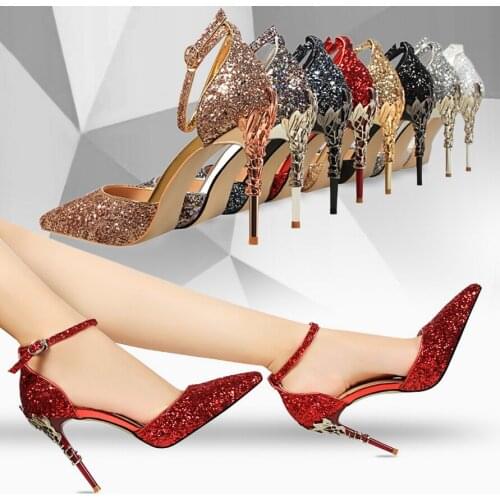 Sexy Hollow Out nightclub with European-style fashion shows thin metal heels with sparkly sequined strappy sandals