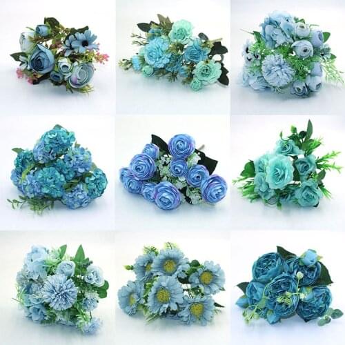 Blue autumn fake tea rose peony silk flower autumn gerbera daisy artificial plastic flower wedding home accessories decoration r