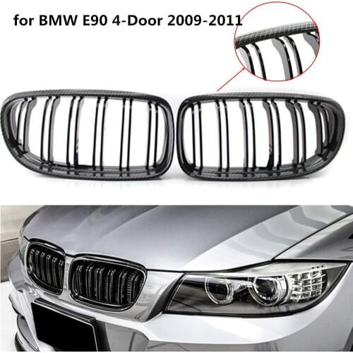 Carbon Fiber Look & Golss Black Double Line Front Kidney Grille Hood Grills for BMW E90 3-Series 4-Door 2009 2010 2011