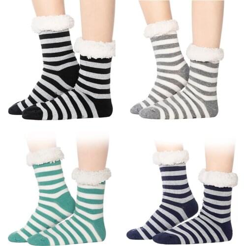 Women Cotton Socks Print Stripe Thicker Anti-slip Floor Socks Carpet Socks Thicken Winter Fleece Sock Women Indoor Warm Socks