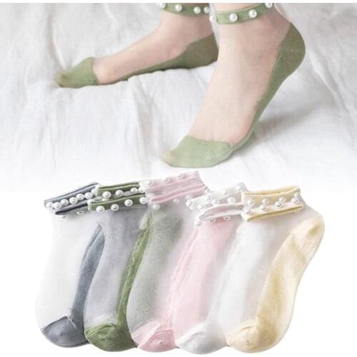 Women Summer Mesh Socks New Fashion Pearl Bead Transparent Sox Girl Nylon Stretch Ankle Socks Net Yarn Thin Women Cool Socks