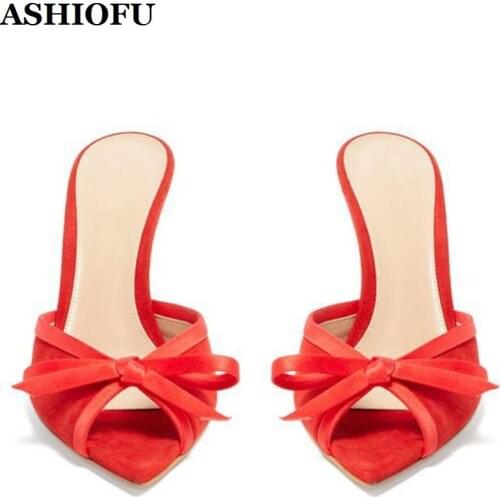 ASHIOFU Handmade New Ladies High Heel Slippers Bowties Party Prom Summer Slip-on Shoes Evening Club Fashion Stiletto Slippers