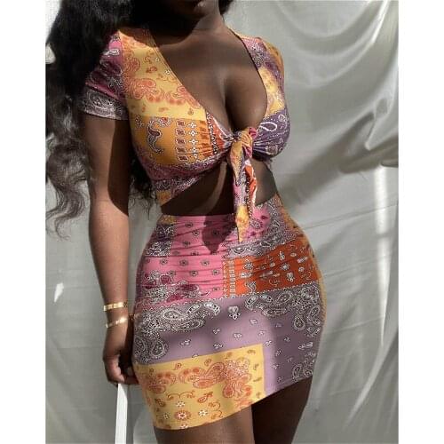 Two Piece Set Women 2021 Summer Short Sleeve V Neck Bandage T-shirt Crop Tops + Mini Skirts Bohemian Sexy Club 2Pcs Set Female