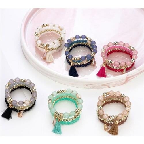 2021 New Bohemian Bracelet Ethnic Style Ladies Elastic Multilayer Bracelet Handmade Tassel Beaded Bracelet for women present