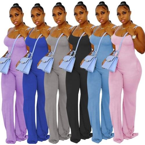 Women Jumpsuit Solid Color Sleeveless Strap O-neck Loose Straight Jumpsuits One Piece Overalls Summer Outfits