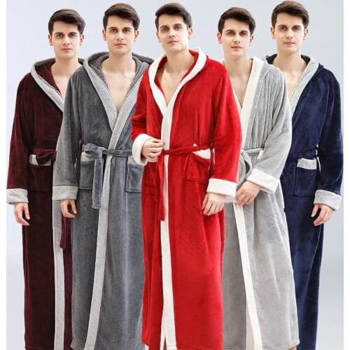 Women Winter Long Flannel Bathrobe Kimono Warm Plus Size Bath Robe Night Fur Robes Hoodie Dressing Gown Men Sleepwear