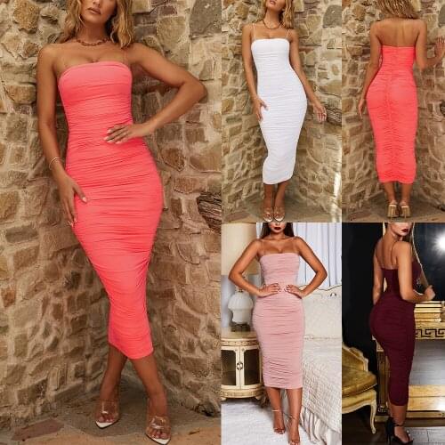 New Summer Womens Suspender Party Night Birthday Sexy Long Dresses Elegant Tie Up Body-Con Pleated Dresses