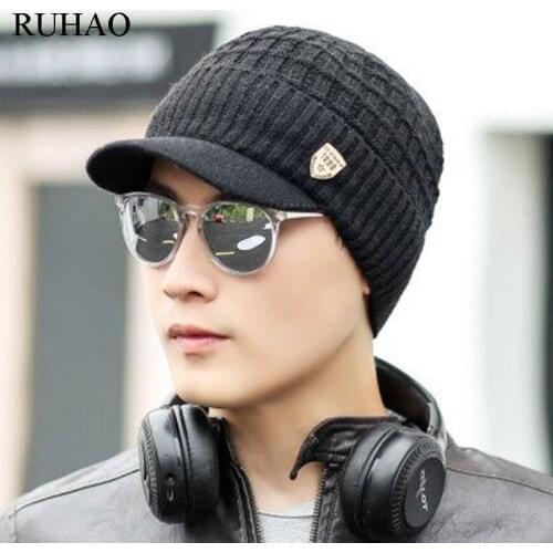 RUHAO Winter Men Hat fashion Warm Baggy Weave Crochet Wool Knit Ski Beanie Caps homme chapeu male unisex Skullies Beanies caps