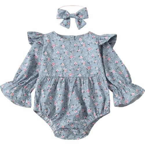 2Pcs Sweet Style Baby Girls Outfit, Toddlers Summer Autumn Floral Printing Fly Long Sleeve Round Collar Romper + Bow Headwear