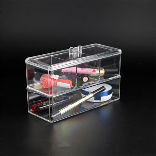 2 Tier Clear Acrylic Cosmetic Makeup Cube Jewelry Organizer,Upper Compartment with 3 Slot for Makeup Cotton Pads Swabs Storage