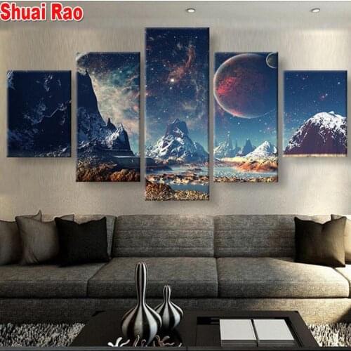 Multi-Panel Mountains And Space Landscape diamond embroidery, 5 d diy painting diamond 5 Pieces Street Scenery Diamond Mosaic
