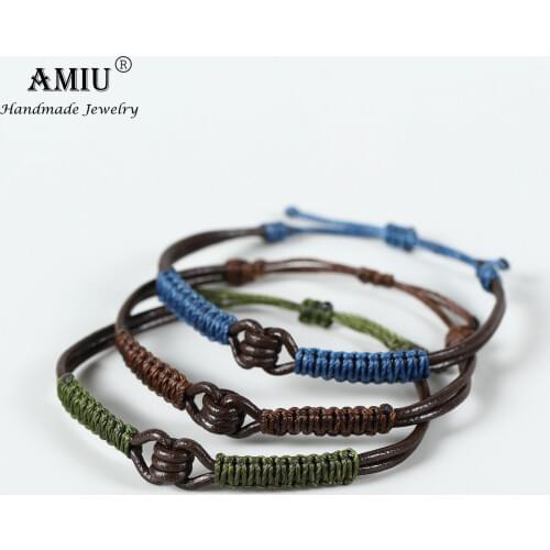 AMIU Handmade Real Leather Knot Waterproof Wax Thread Lucky Rope Bracelet & Bangles For Women Men Gift Macrame Bracelets