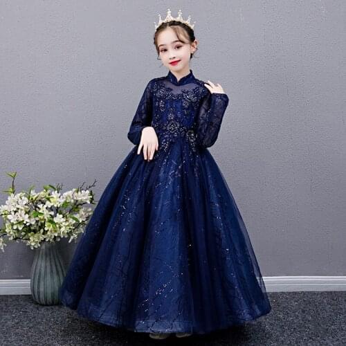 Flower Girl Dresses Beading Sequined Embroidery High Cute Luxury Blue Princess Floor-Length Tulle Lace Full Kids Party Gown H250