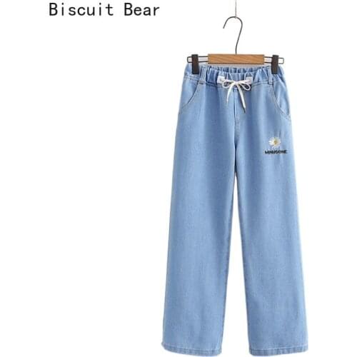 2021 Spring New Jeans Womens High Waist Floral Embroidery Wide Leg Pocket Denim Pants