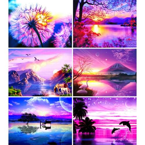 HUACAN Full Square Diamond Painting Sunset Scenery 5D Embroidery Landscape Home Decoration Diamond Art Mosaic Handmade