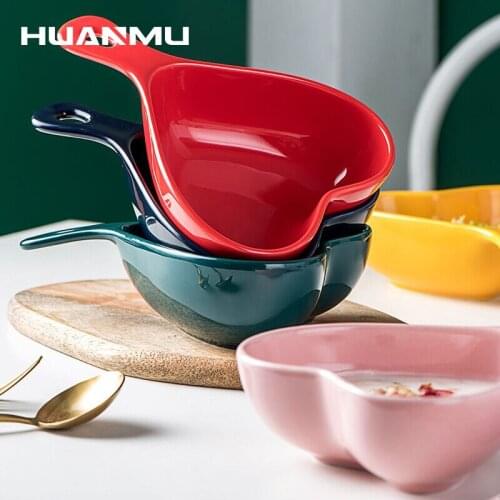 Creative Heart-Shaped Handle Ceramic Bowl Restaurant Home Dessert Snack Bowl Salad Bowl Color Glaze Fruit Milk Oats Tableware