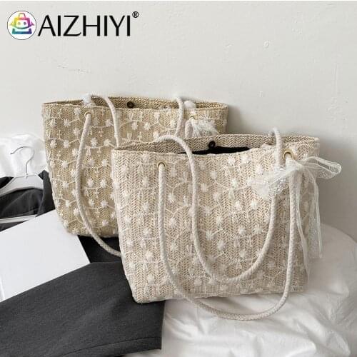 Fashion Women Straw Woven Lace Embroidery Shoulder Shopping Bag Casual Ladies Summer Beach Vacation Tote Handbags