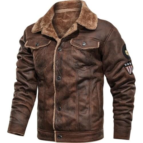 Men Old Fashioned Suede Leather Jackets Vintage Military Jacket Winter Coat Warm Casual Leather Jackets PU Slim Fit Male Zipper