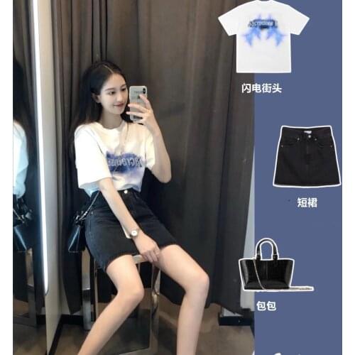 Summer New Girl White T-shirt + Denim Skirt Two-piece Suit
