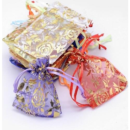 10pcs 7x9cm Organza Gift Bags Gold Stamping Butterfly/Rose Flower Jewelry Packaging Drawable Pouches Christmas Drawstring Bags