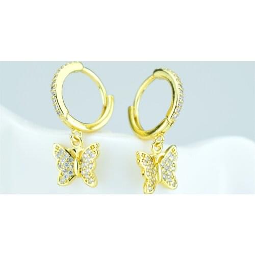 Butterfly pendant, insect earrings, micro pave jewelry, all rhinestone gold earrings, simple design for women