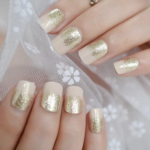 Off White Press on French Fake Nails 24Pcs Bling Glitter False Nail Full Cover faux ongle Lady Office Daily Wear Free Sticker