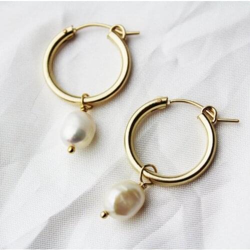 Baroque Pearl Earrings 35MM Gold Hoop Earrings Gold Filled Handmade Jewelry Brincos Minimalism Oorbellen Pendientes Earrings