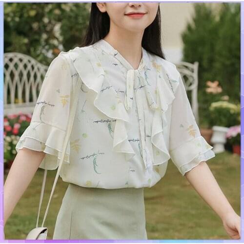 Floral Chiffon Tee Shirt Bow Lace Womens T-shirt Summer 2021 Short Sleeve T-Shirts Ruffled Top Casual Tees Tops Female Clothing