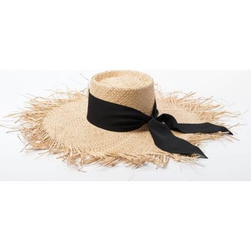 Sun cap women Hand-made raffia burr edging ring flat straw hat sunscreen beach raffia hat sombreros mujer verano