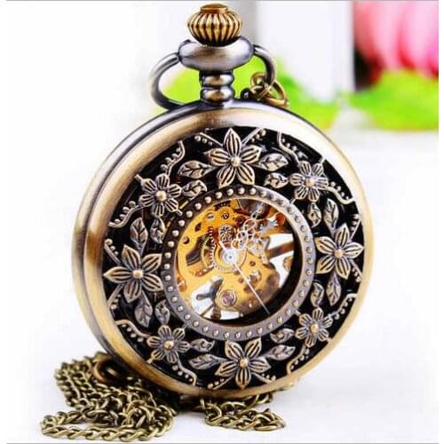 Vintage Bronze antiques flowers Hollow manual mechanical Black face men and woman Necklace pocket watches gift