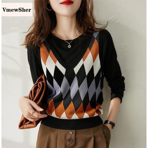 VmewSher Argyle Plaid Women Sweater 2020 New Vest V-Neck Casual Vintage Pullover Knitted Sweater Soft Chic Loose Sleeveless Top