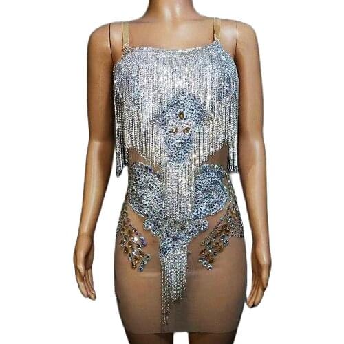 Sleeveless Silver Chain Tassel Women Dresses Shining Diamonds Tight Stretch Mini Dresses Nightclub Costumes Evening Prom Outfit