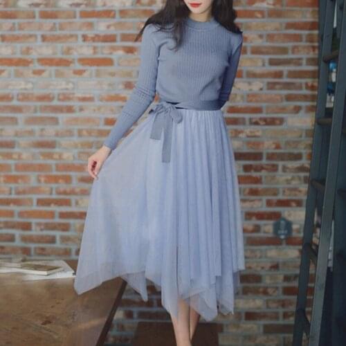 2019 Elegant Two pieces Knitted Sweater Dress Slim-fit Slim Sweater Mesh Skirt Two Piece Set fashionable Two Piece Runway Suit