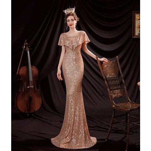 Beauty-Emily Evening Dresses Women Luxury Long Mermaid 2021 Summer Sequins Formal Dress Elegant V Neck Party Gowns Ball Gown