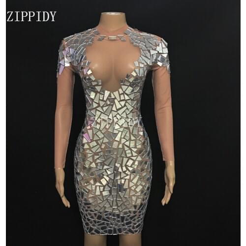 2019 New Silver Mirrors See Through Perspective One-piece Dress Party Birthday Celebrate Costume Singer Dance Dress YOUDU
