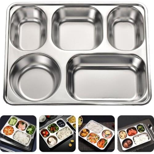 1pc Stainless Steel Rectangular Divided Food Tray 5 Sections Food Plate