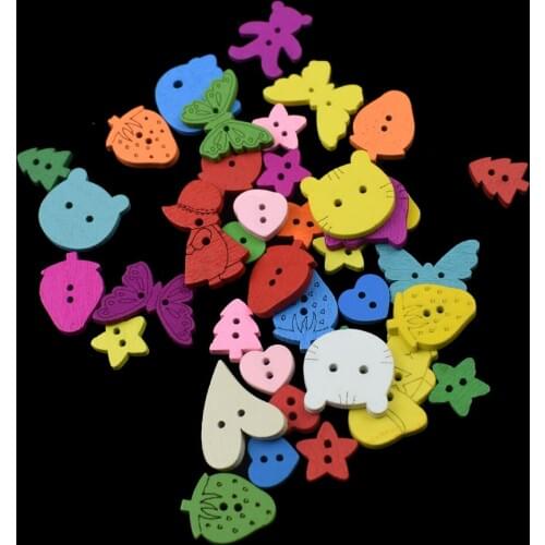 200PCS Wooden Buttons Random Mixed Decorative Button 2 Holes Mixed Sewing Wooden Buttons Lovely Flatblck Craft Scrapbooking