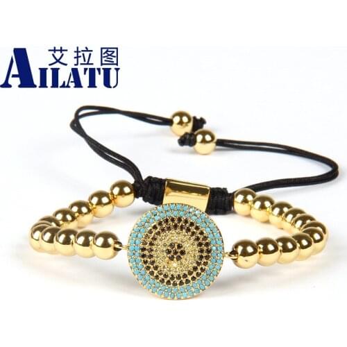 Ailatu Jewelry Wholesale 10pcs/lot 6mm Brass Beads Micro Paved Big Round Turkish Lucky Eye Macrame Bracelets