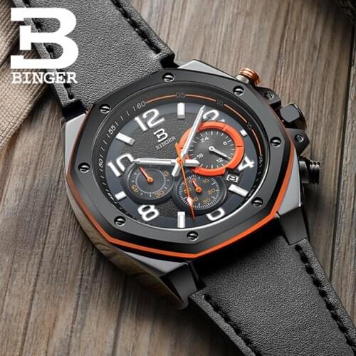 BINGER Mens Watches Top Brand Luxury Quartz Watch Men Calendar Leather Military Waterproof Sport Wrist Watch Relogio Masculino