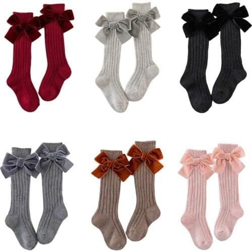 Kids Girls Chunky Ribbed Knit Knee High Socks Solid Cute Velvet Bow Stockings