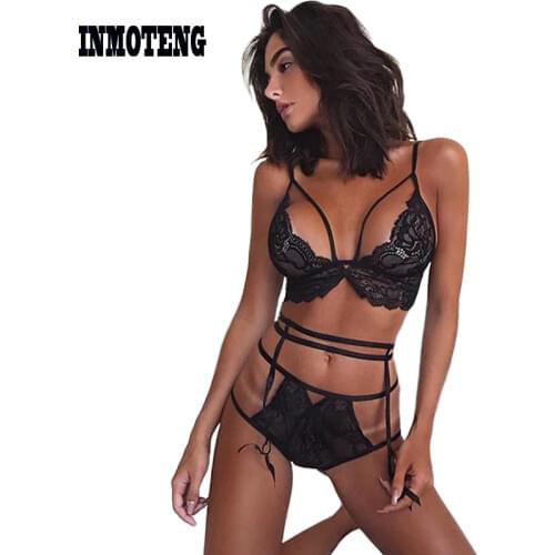 INMOTENG Black Lace Bralette Lingerie Set with Garter Belt Nightwear sleepwear 2 Pieces Outfits