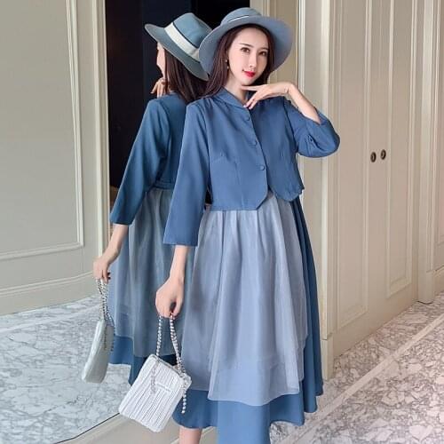 6204# Maternity Dress Spring Autumn Long Sleeve Gauze Patchwork False Two-piece Dress for Pregnant Women Mom Dress