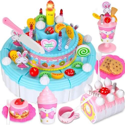Pretend Play Food for kids DIY 103PCS Cutting Birthday Party Cake Toys Set W/Candles Fruit Dessert Early Educational Kitchen Toy