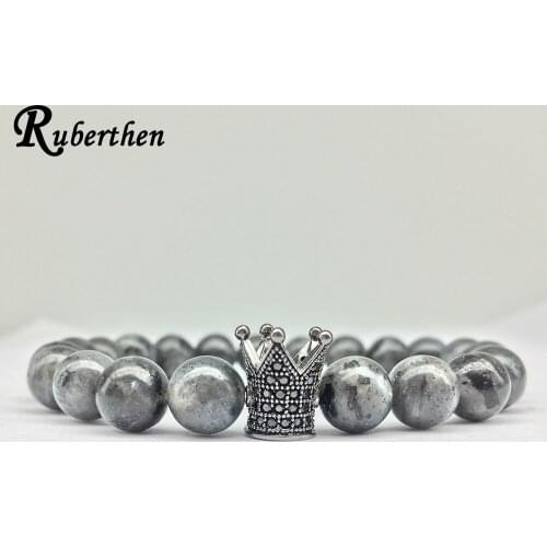 Ruberthen Designer Powerful Men`s Bracelet Energy Crown Zircon Charm Balance Jewelry Natural Gray Larvikite Stone Bracelet