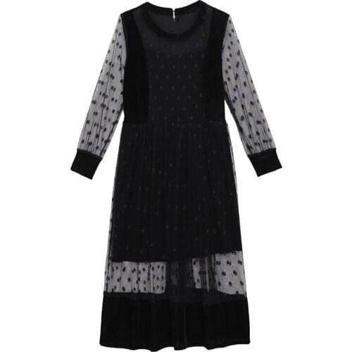 Fake Two Velvet Net Yarn Splicing Dress Women Plus Size Dress Black Spring Fall New Style Vestido Festa Office Sexy Robes