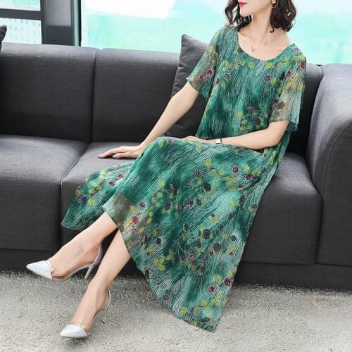 Summer Print Chiffon Beach Midi Dress 2021 Women Elegant Bodycon Party Vestidos Casual Vintage 4XL Plus Size Mulberry Silk Dress