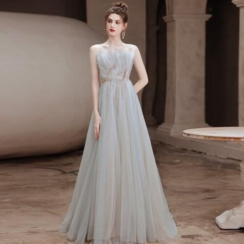 Evening Dress Sequins Appliques Strapless A-Line Elegant Backless Foor-Length Empire Sleeveless Woman Formal Party Gowns A1458