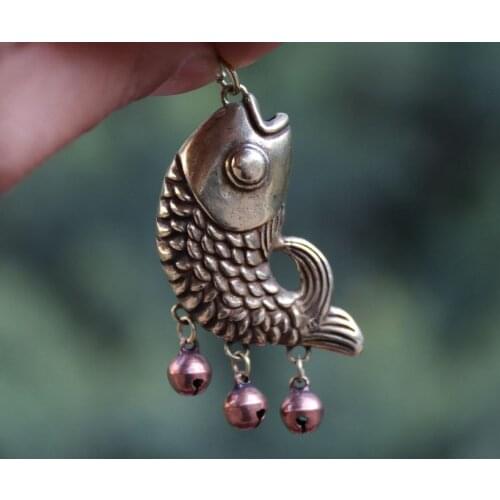 6 CM Chinese Pure Bronze Handwork Lucky Animal Fish Small bell Amulet Pendant keychain