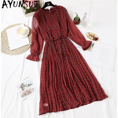 AYUSNUE Spring Summer Dress 2020 Women Floral Pleated Long Dress Chiffon Korean Beach Boho Dresses Vintage Vestidos KJ4330